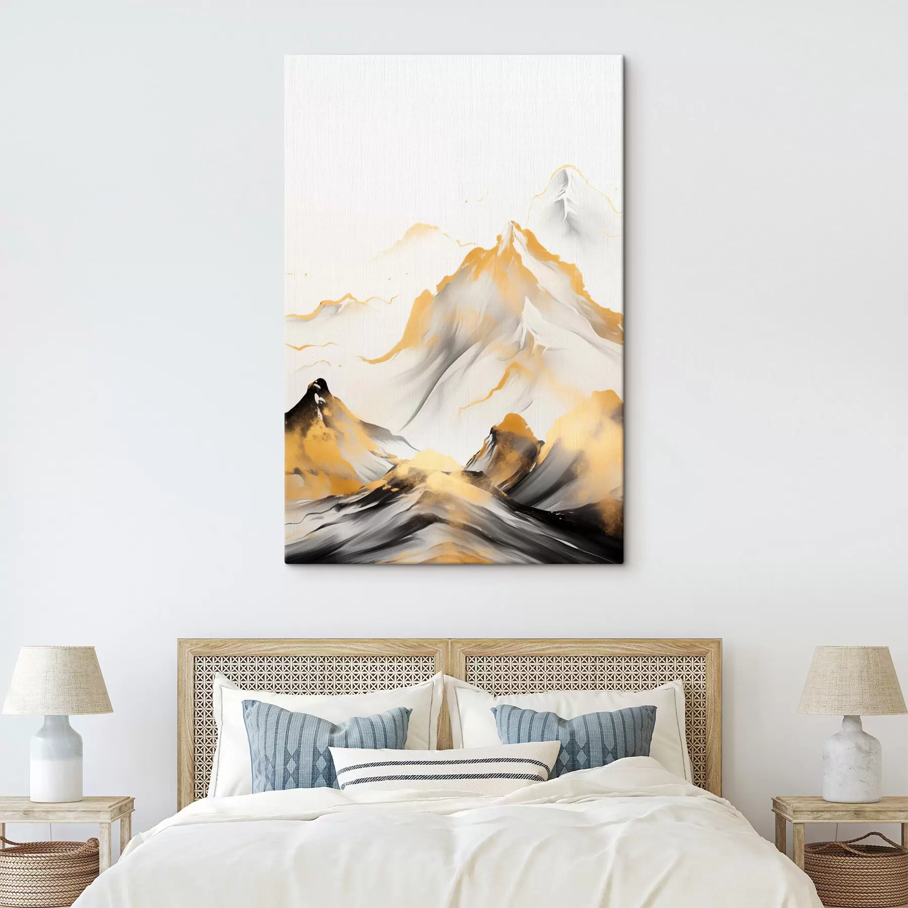 Obraz Teksturowane żółto-czarne góry ze śnieżnymi szczytami, styl malarstwa tuszem, minimalistyczny łańcuch górski s46683