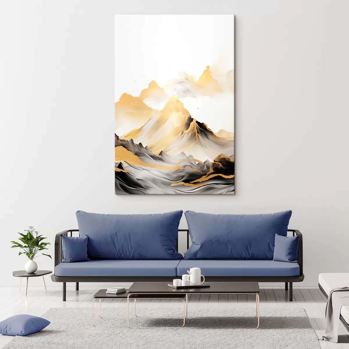 Obraz Teksturowane żółto-czarne góry ze śnieżnymi szczytami, styl malarstwa tuszem, minimalistyczny łańcuch górski s46684