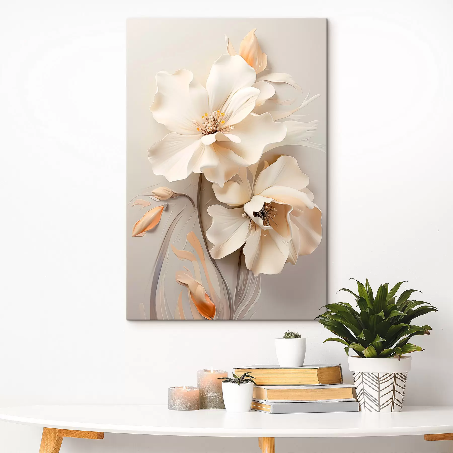 Obraz Białe kwiaty, płatki z delikatnymi cieniami, jasnobeżowe tło, elegancka kompozycja, minimalistyczny styl s46700