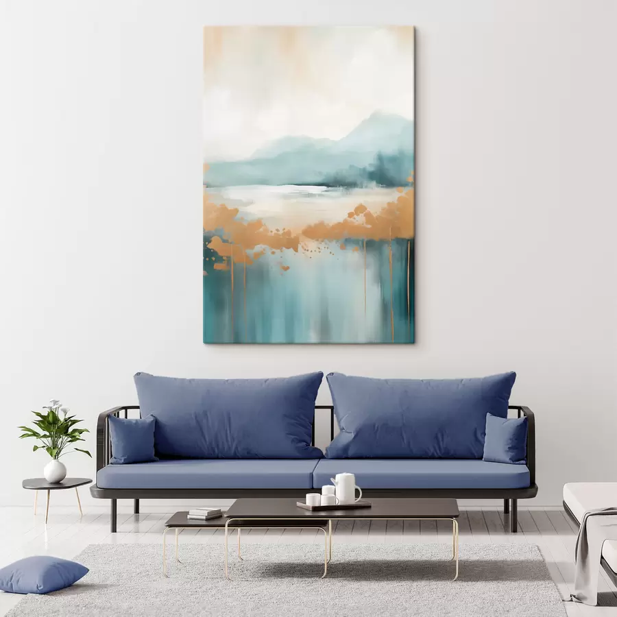 Obraz Abstrakcyjny pejzaż z górami i jeziorem w kolorze turkusowym i teksturowanej żółci, delikatne pociągnięcia pędzla, minimalistyczna grafika s46703