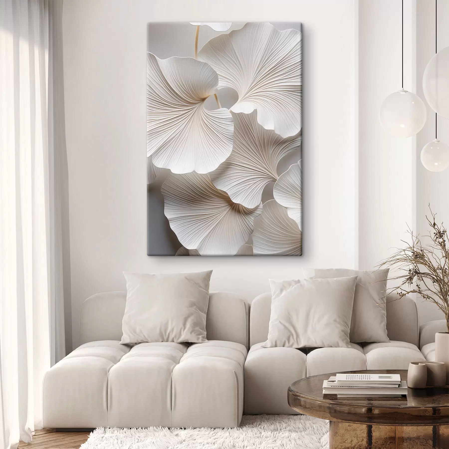 Obraz Białe liście miłorzębu japońskiego z wyraźnymi żyłkami, delikatnym oświetleniem, eleganckim i minimalistycznym wzorem s46705