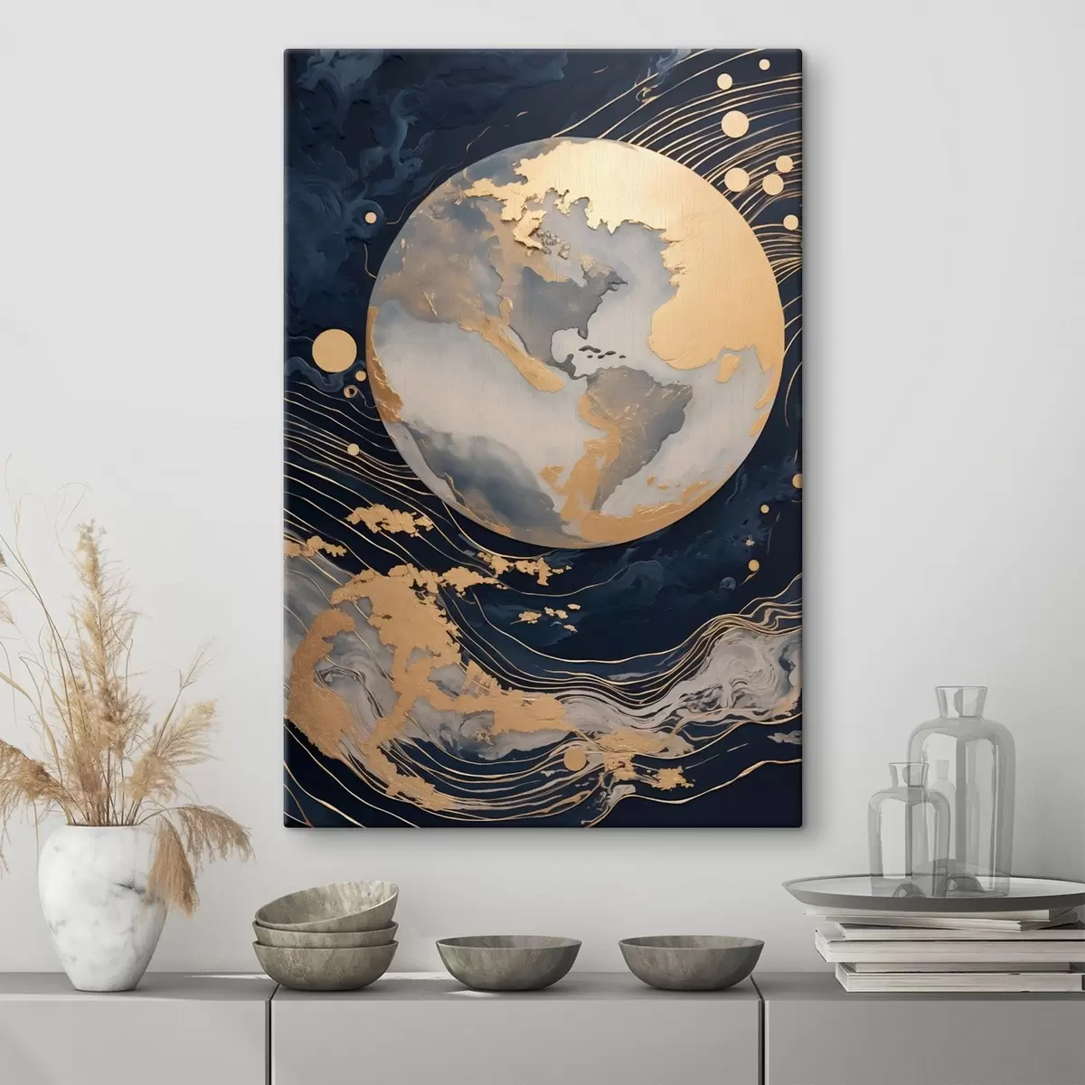 Obraz Teksturowana dekoracyjna planeta z żółtymi liniami w tle, żółtymi kropkami w tle, ciemnym tłem s46708