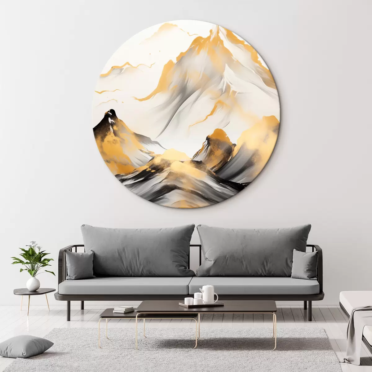 Okrągłe obrazy Teksturowane żółto-czarne góry ze śnieżnymi szczytami, styl malarstwa tuszem, minimalistyczny łańcuch górski r46683