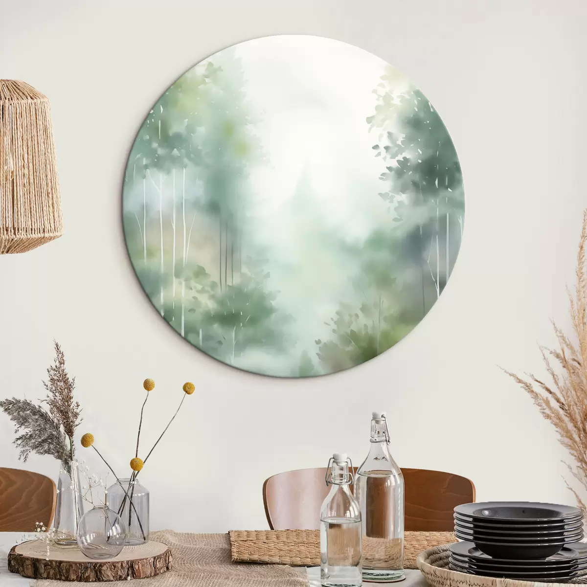 Okrągłe obrazy Akwarelowa imitacja abstrakcyjnego lasu z wysokimi drzewami i zielonymi liśćmi, w delikatnych, stonowanych kolorach. r46689