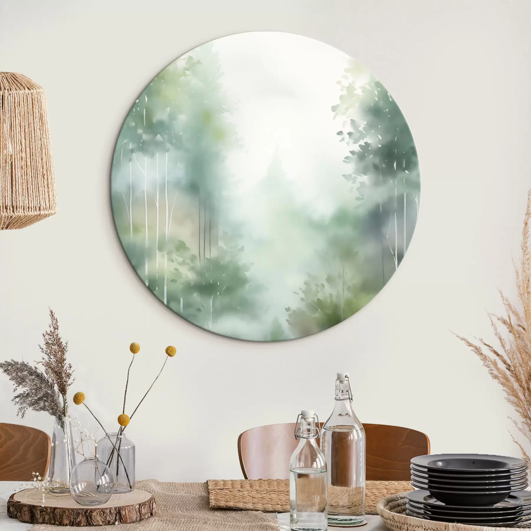 Obraz Akwarelowa imitacja abstrakcyjnego lasu z wysokimi drzewami i zielonymi liśćmi, w delikatnych, stonowanych kolorach r46689