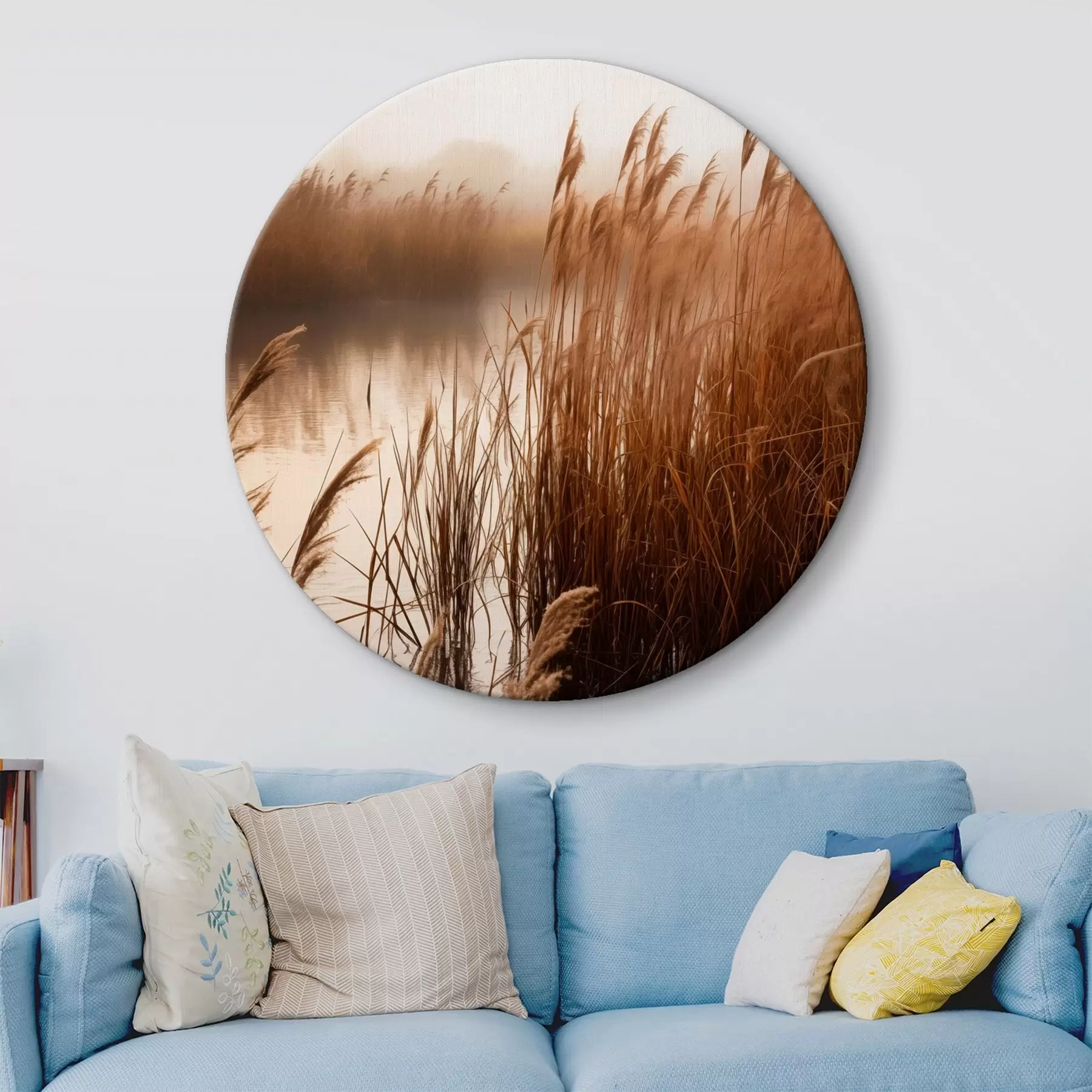 Obraz Wysokie trzciny rosnące w zbiorniku wodnym, woda odbija trzciny, mgliste tło, miękkie światło, scena natury r46695