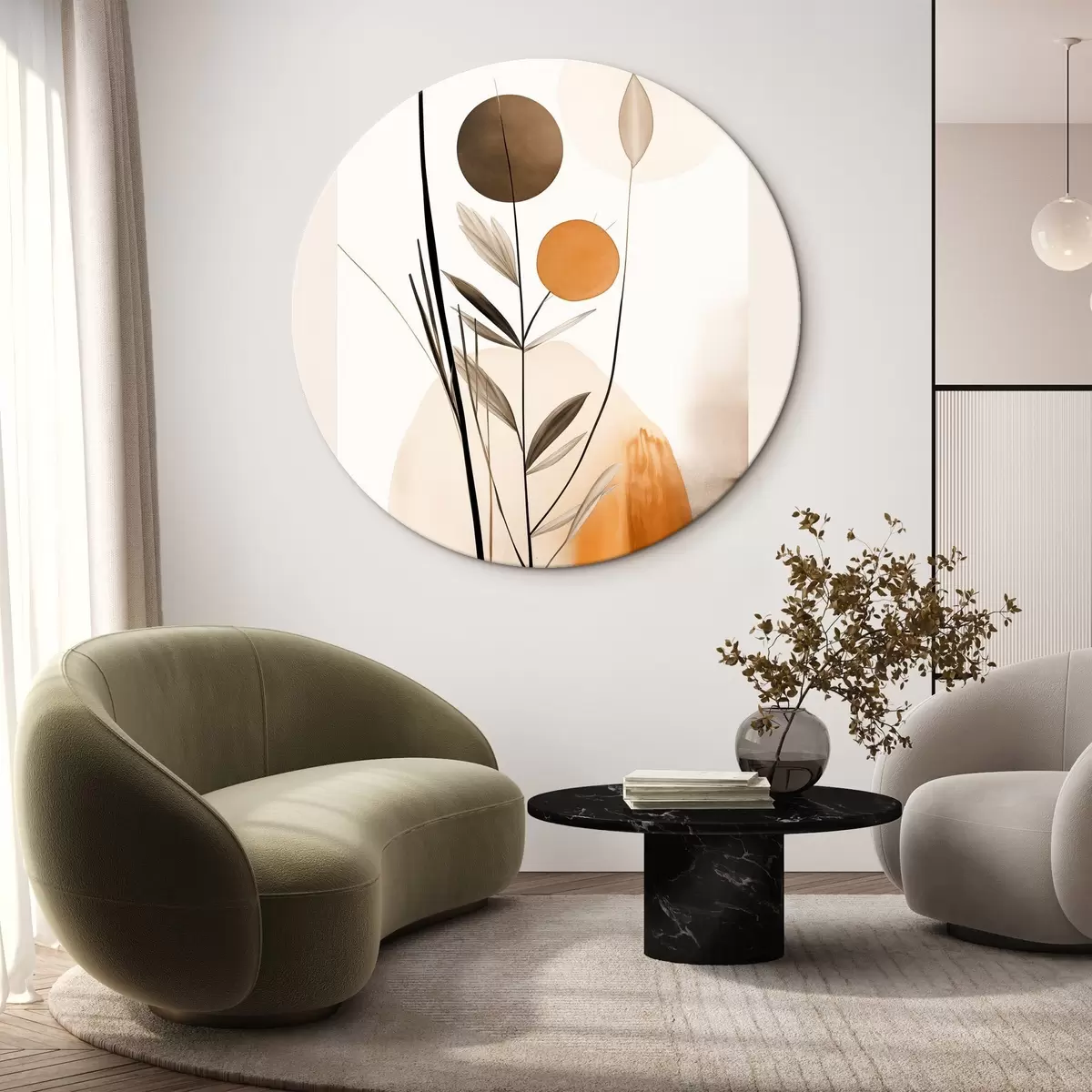 Okrągłe obrazy Imitacja malarstwa abstrakcyjnego z pomarańczowymi i szarymi okręgami, liśćmi i gałęziami, styl nowoczesny, efekt akwareli r46698