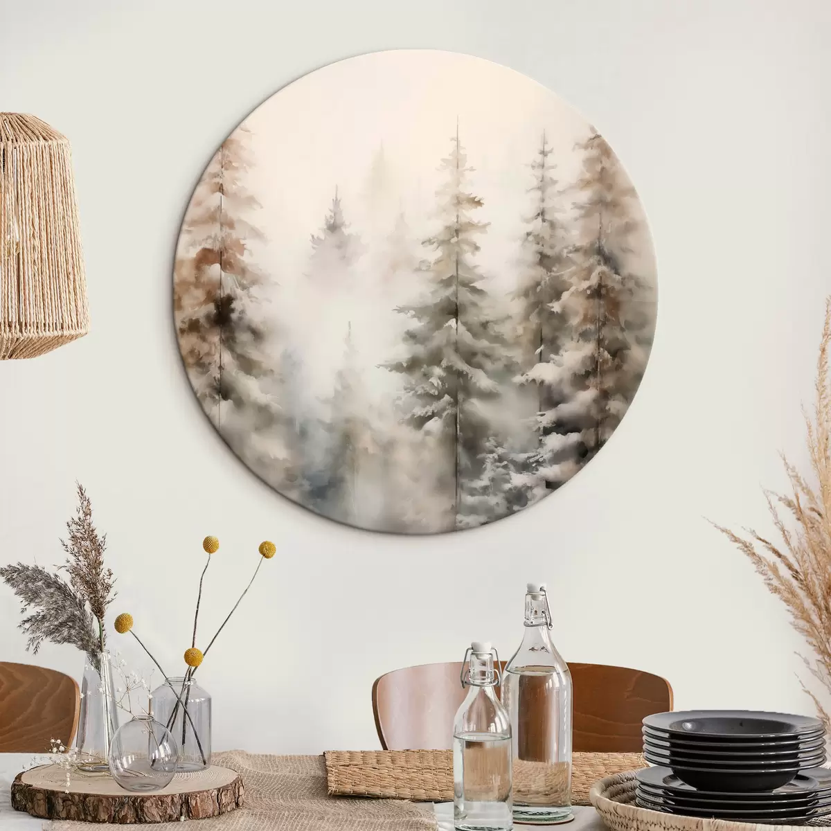 Okrągłe obrazy Wysokie sosny pokryte śniegiem, stojące w zamglonym lesie, delikatna, stonowana zimowa sceneria. r46701