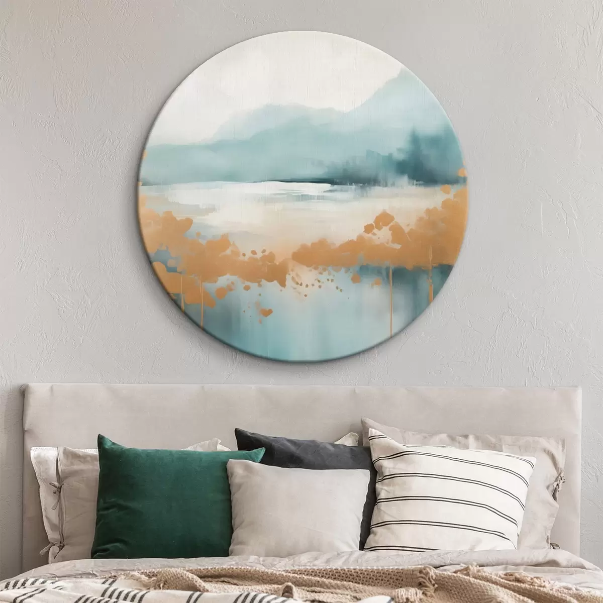 Okrągłe obrazy Abstrakcyjny pejzaż z górami i jeziorem w kolorze turkusowym i teksturowanej żółci, delikatne pociągnięcia pędzla, minimalistyczna grafika r46703