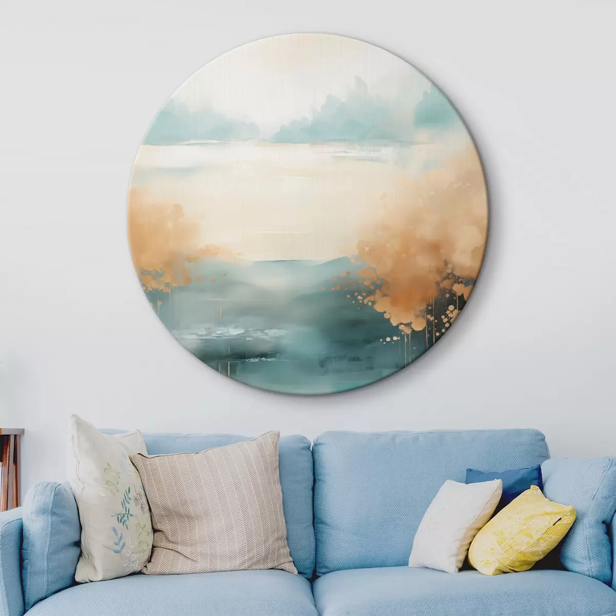 Okrągłe obrazy Abstrakcyjny pejzaż z górami i jeziorem w kolorze turkusowym i teksturowanej żółci, delikatne pociągnięcia pędzla, minimalistyczna grafika r46704