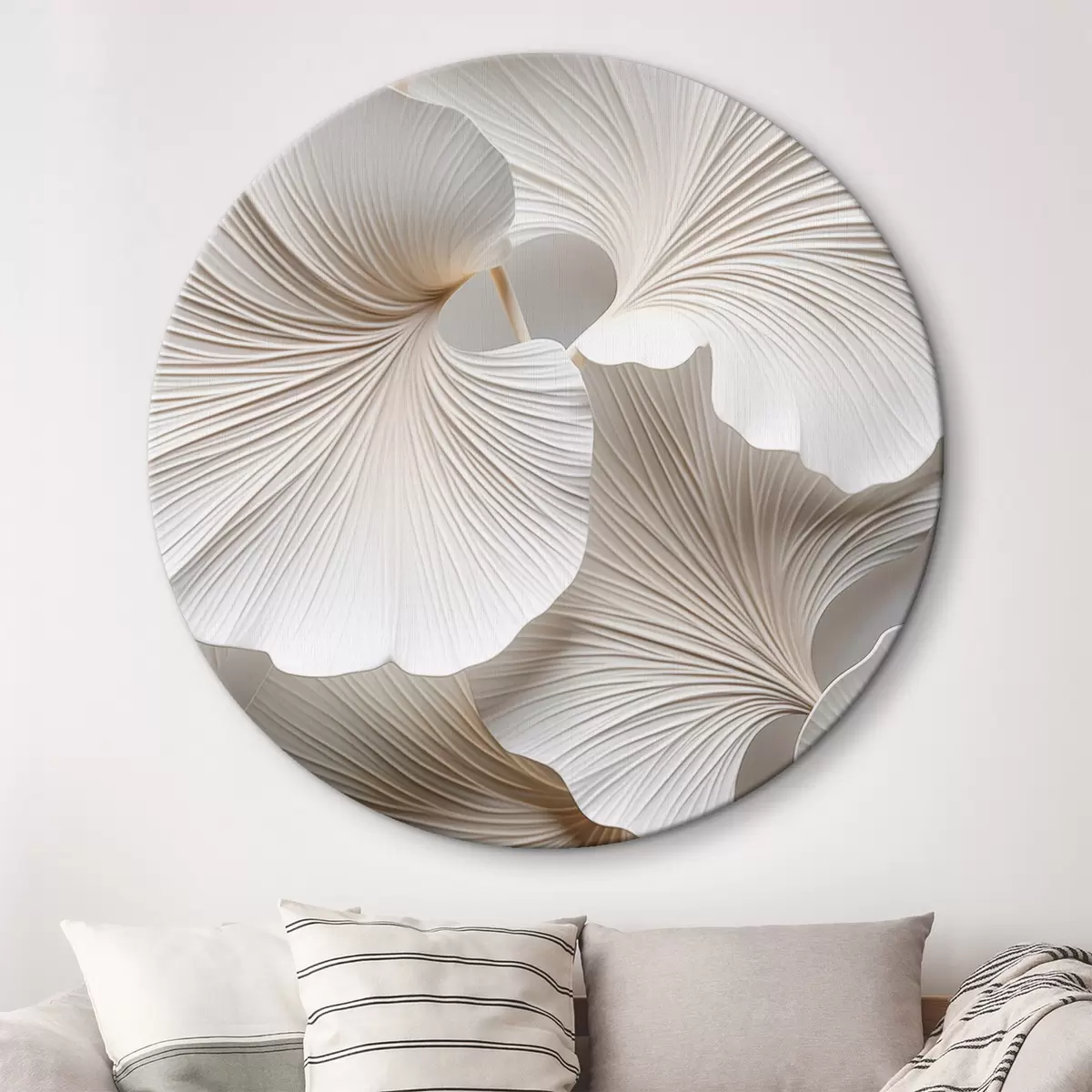 Okrągłe obrazy Białe liście miłorzębu japońskiego z wyraźnymi żyłkami, delikatnym oświetleniem, eleganckim i minimalistycznym wzorem. r46705