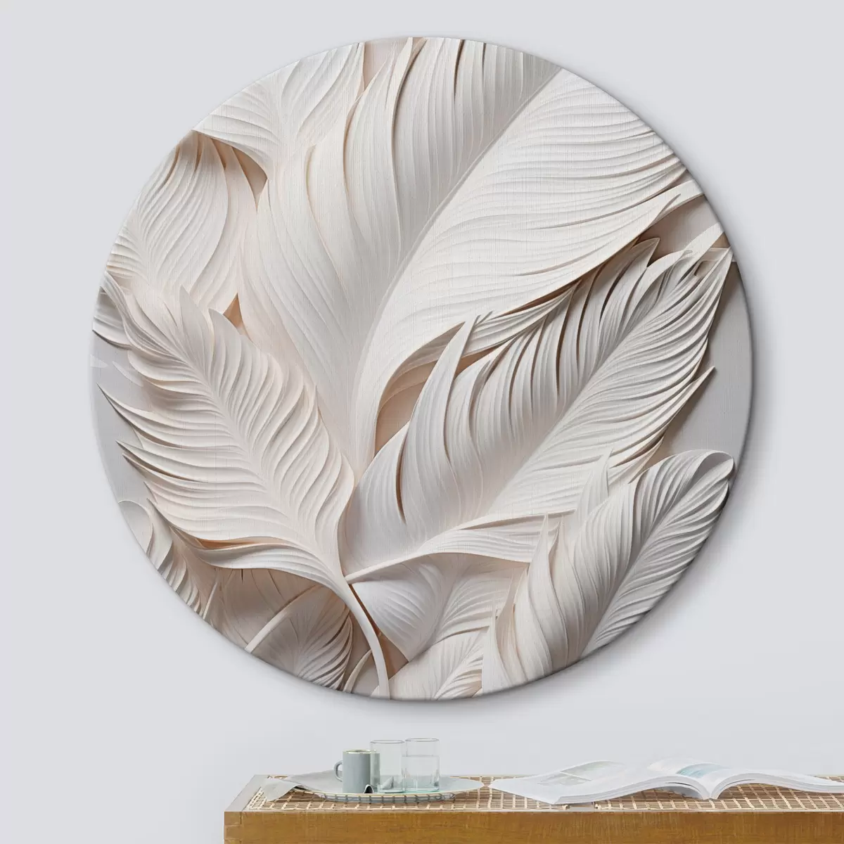 Okrągłe obrazy Białe liście z misternymi detalami, tworzące efekt tekstury i warstwowości, minimalistyczna sztuka r46706