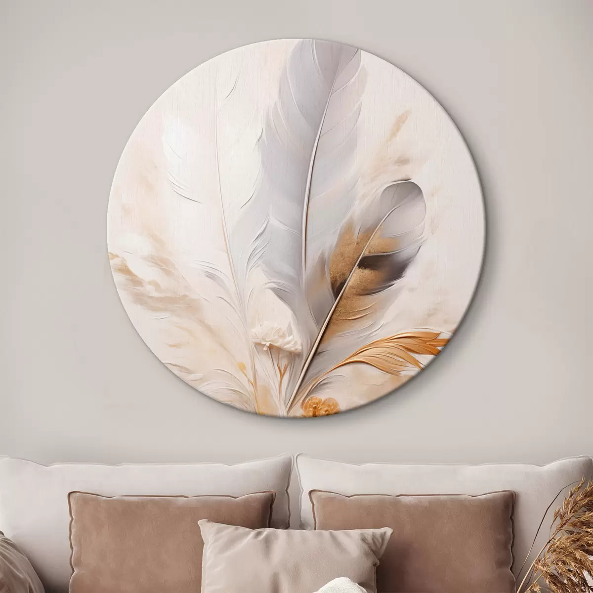 Okrągłe obrazy Abstrakcyjne pióra otoczone beżowymi i brązowymi piórami, miękkie i delikatne, na jasnobeżowym tle. r46712