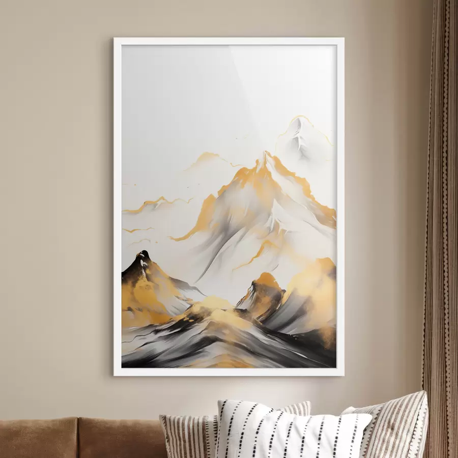 Fototapeta Teksturowane żółto-czarne góry ze śnieżnymi szczytami, styl malarstwa tuszem, minimalistyczny łańcuch górski f46683