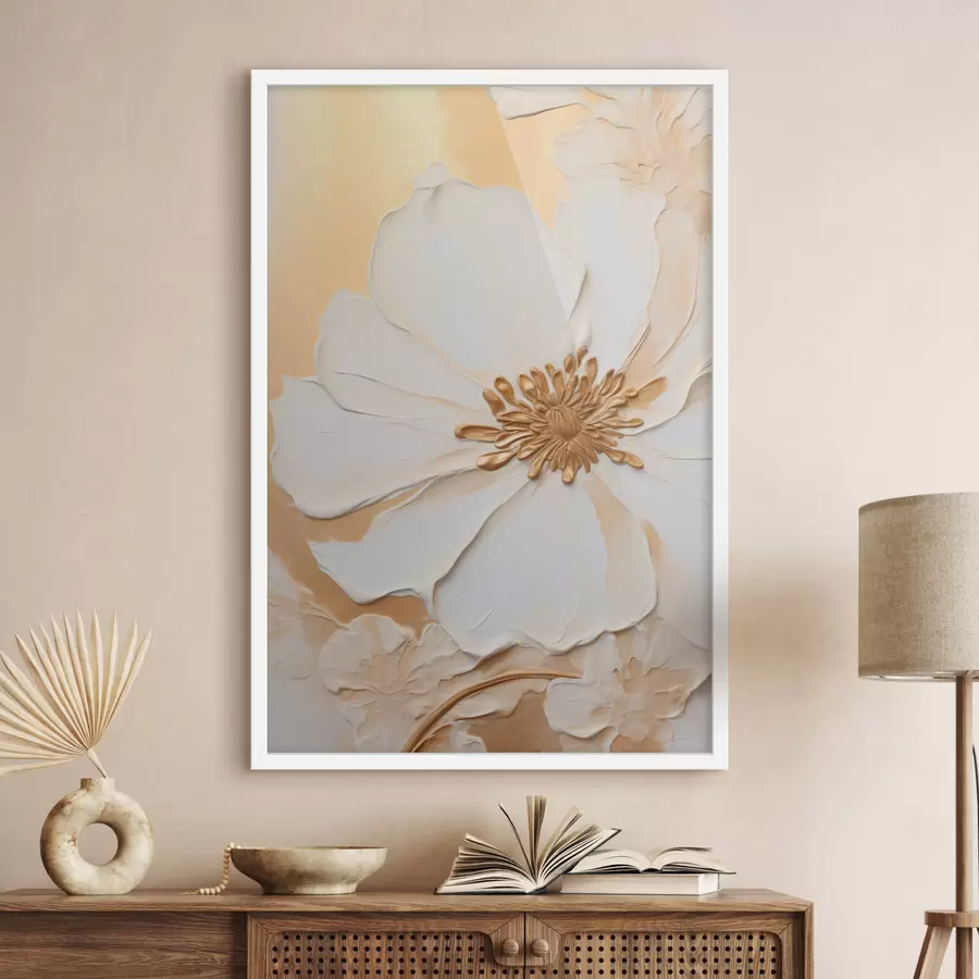 Fototapeta Biały kwiat o delikatnych płatkach z imitacją grubych pociągnięć pędzla, na jasnopomarańczowym tle o fakturze. f46691