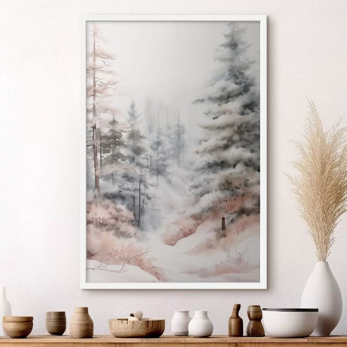 Plakat Wysokie sosny pokryte śniegiem, stojące w zamglonym lesie, delikatna, stonowana zimowa sceneria. f46702