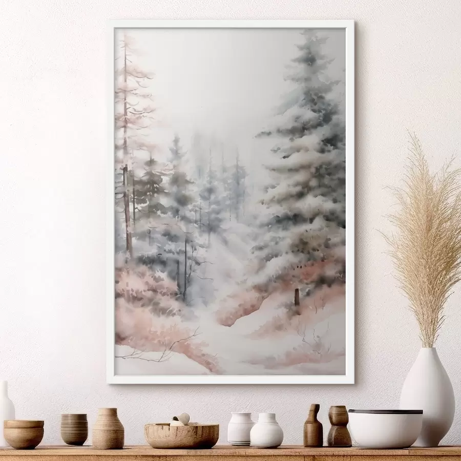 Fototapeta Wysokie sosny pokryte śniegiem, stojące w zamglonym lesie, delikatna, stonowana zimowa sceneria. f46702