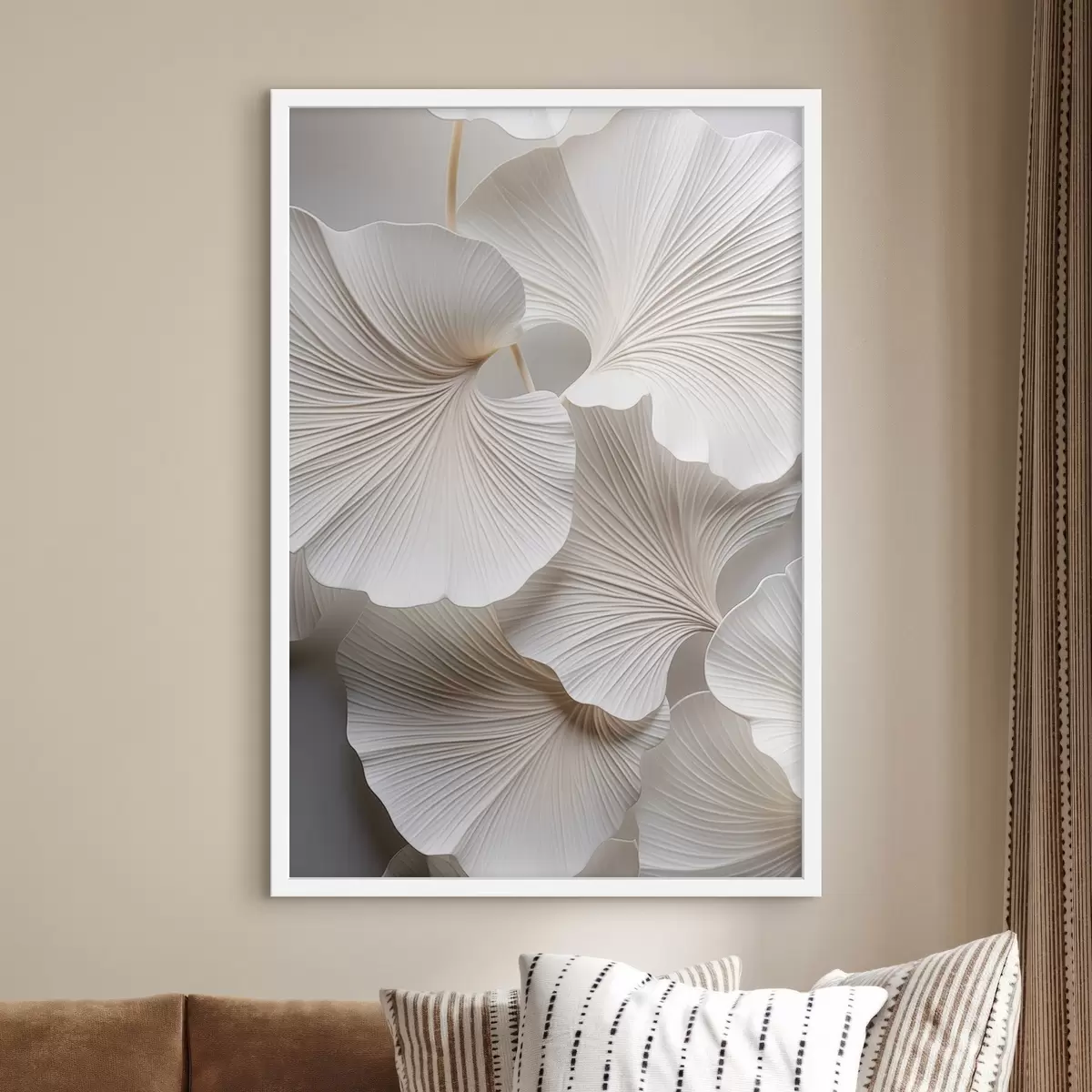 Plakat Białe liście miłorzębu japońskiego z wyraźnymi żyłkami, delikatnym oświetleniem, eleganckim i minimalistycznym wzorem. f46705