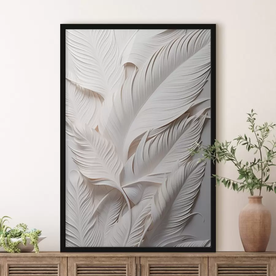 Fototapeta Białe liście z misternymi detalami, tworzące efekt tekstury i warstwowości, minimalistyczna sztuka f46706