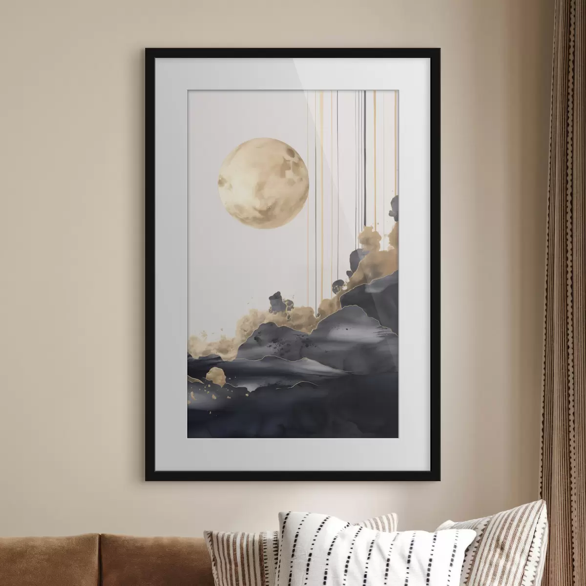 Plakat Pełnia księżyca z czarnymi i teksturowanymi żółtymi chmurami, pionowymi liniami, abstrakcyjnym stylem, minimalistyczna i nowoczesna f46707