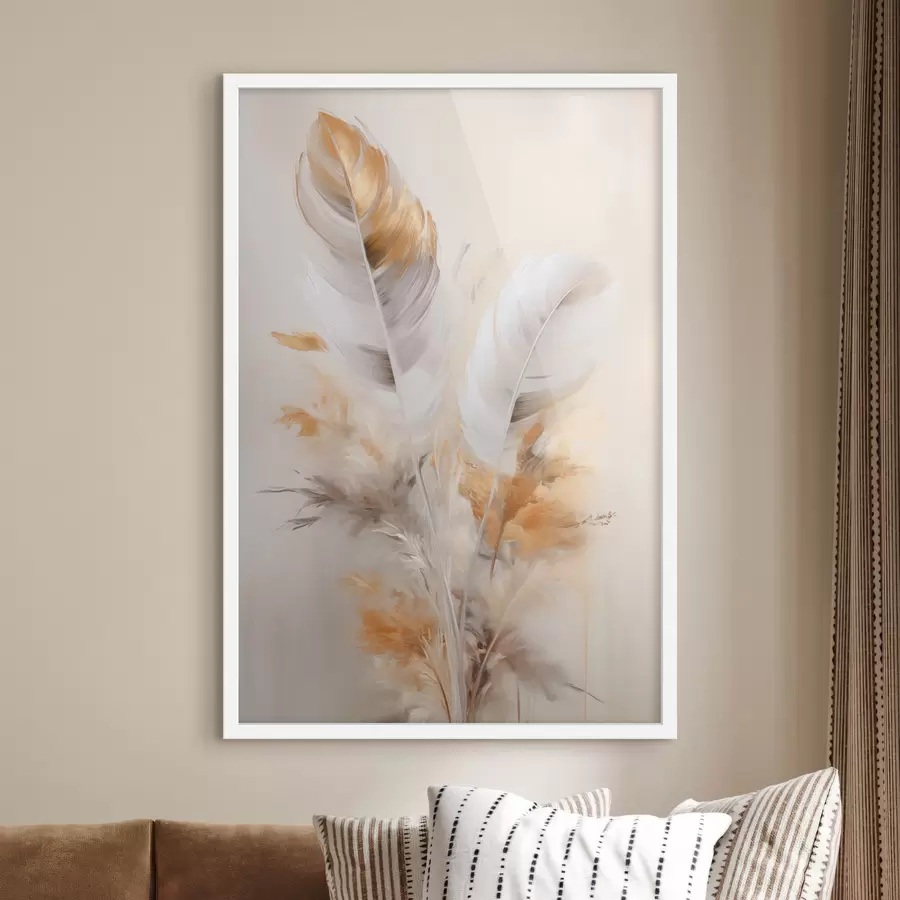 Fototapeta Abstrakcyjne pióra otoczone beżowymi i brązowymi piórami, miękkie i delikatne, na jasnobeżowym tle. f46711