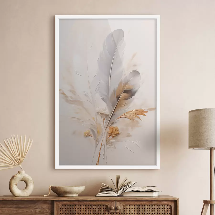 Fototapeta Abstrakcyjne pióra otoczone beżowymi i brązowymi piórami, miękkie i delikatne, na jasnobeżowym tle. f46712