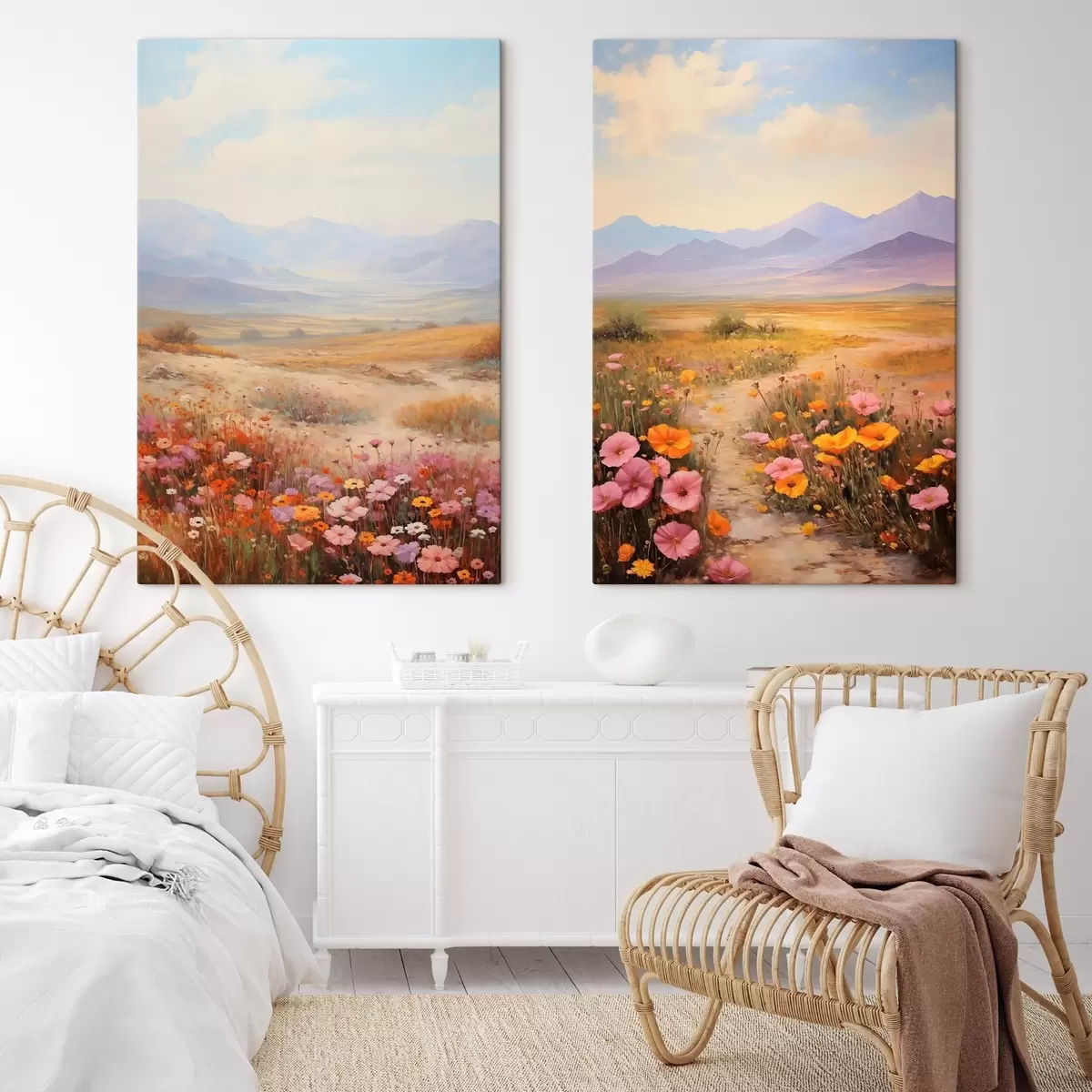 Obraz Krajobraz, pole kolorowych kwiatów z górami w tle, delikatne pastelowe kolory m01003