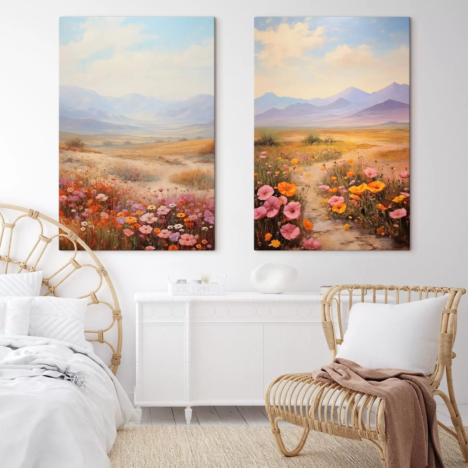 Obraz Krajobraz, pole kolorowych kwiatów z górami w tle, delikatne pastelowe kolory m01003