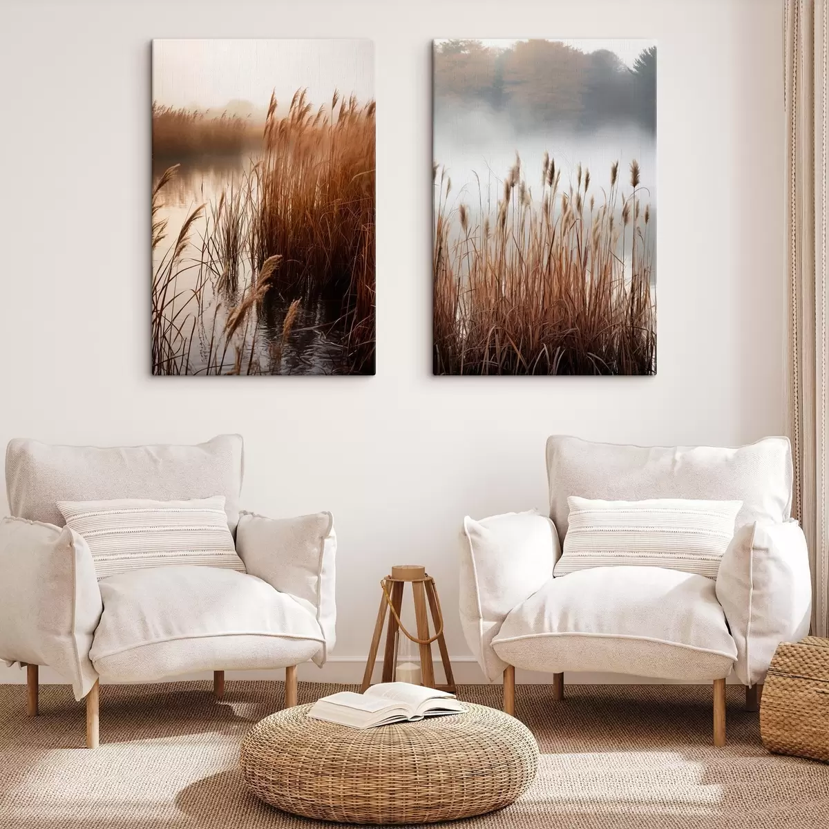 Obraz Wysokie trzciny rosnące w zbiorniku wodnym, woda odbija trzciny, mgliste tło, miękkie światło, scena natury m01008