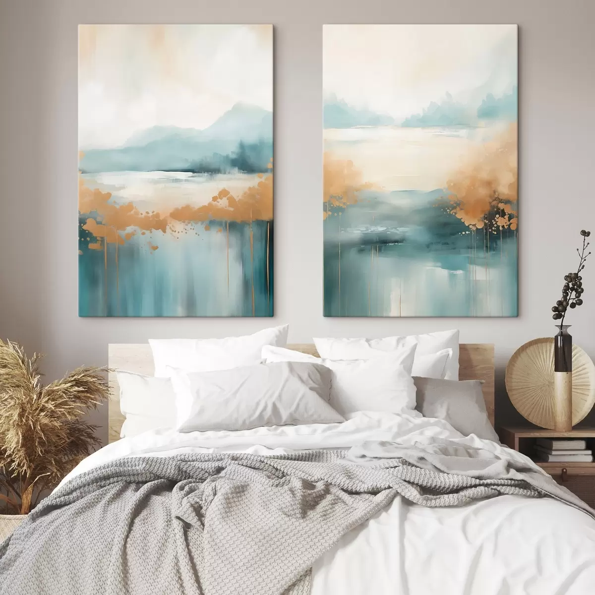 Obraz Abstrakcyjny pejzaż z górami i jeziorem w kolorze turkusowym i teksturowanej żółci, delikatne pociągnięcia pędzla, minimalistyczna grafika m01012