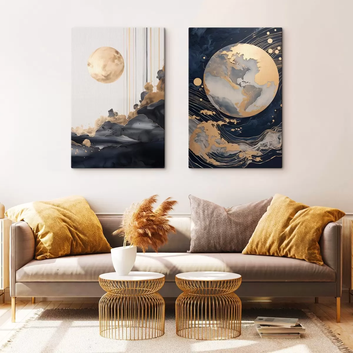 Obraz Teksturowana dekoracyjna planeta w przestrzeni kosmicznej z żółtymi liniami i kropkami, styl abstrakcyjny, minimalistyczny i nowoczesny m01014