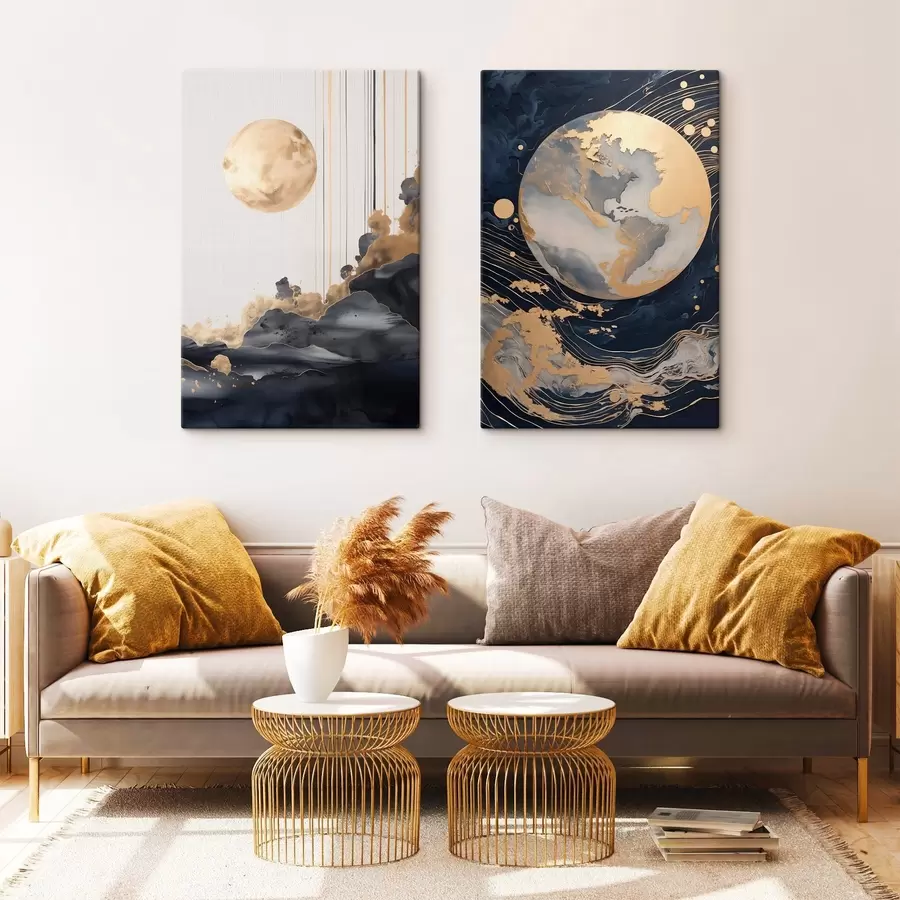 Obraz Teksturowana dekoracyjna planeta w przestrzeni kosmicznej z żółtymi liniami i kropkami, styl abstrakcyjny, minimalistyczny i nowoczesny m01014