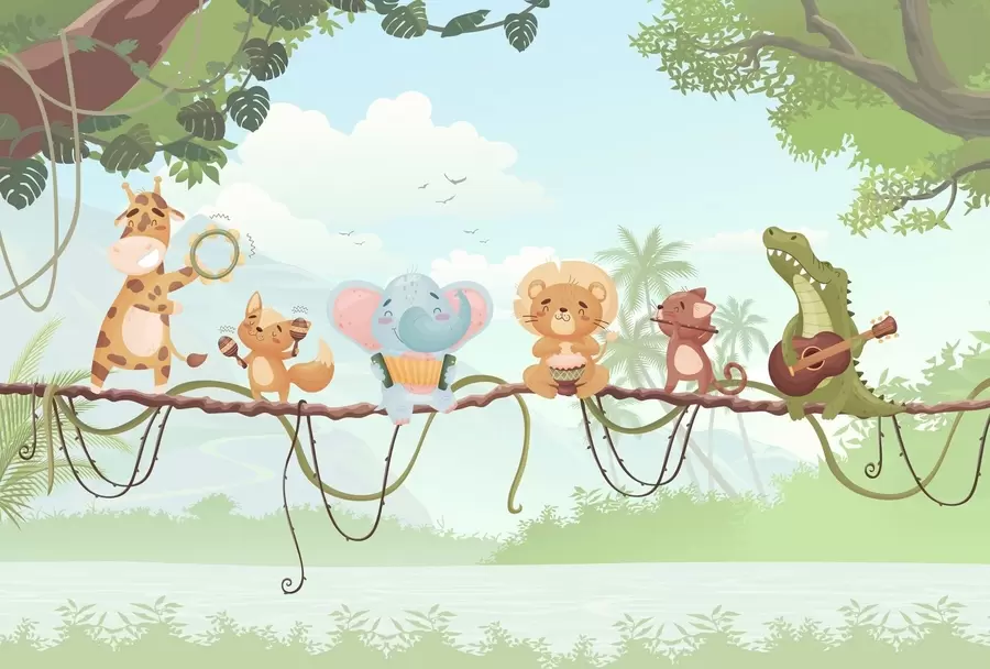 Fototapeta Zwierzęta z instrumentami muzycznymi na tle tropikalnego krajobrazu w04505