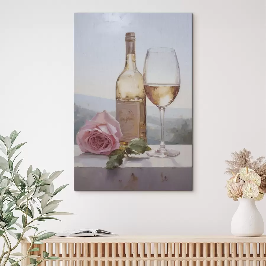 Obraz Butelka i kieliszek wina oraz mały pies w okularach, imitacja obrazu s46721
