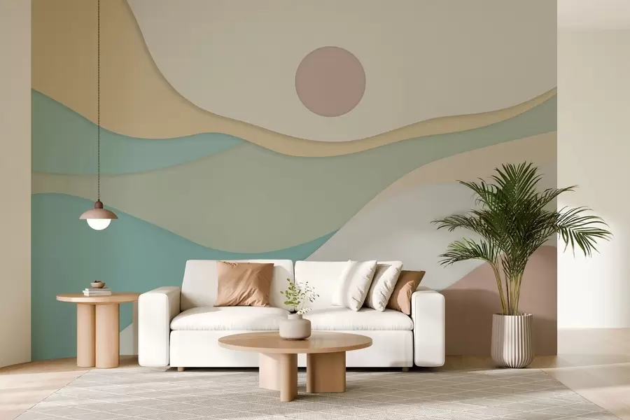 Fototapeta Minimalistyczna abstrakcja z miękkimi, falistymi formami przypominającymi płynące krajobrazy i wydmy. w04874