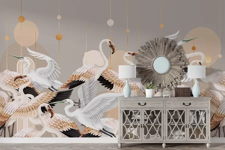 Fototapeta Stado białych flamingów o delikatnych skrzydłach na neutralnym tle z żółtymi liniami i okręgami w09546v1