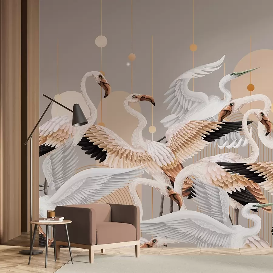 Fototapeta Stado białych flamingów o delikatnych skrzydłach na neutralnym tle z żółtymi liniami i okręgami w09546v1