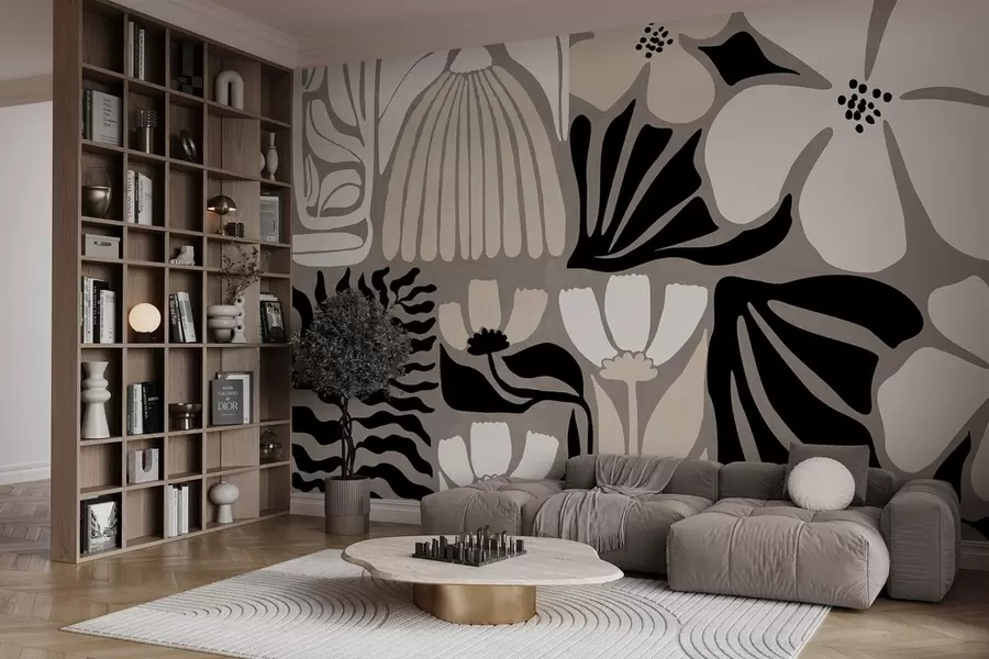 Fototapeta Nowoczesne, minimalistyczne stylizowane kwiaty i liście w kolorach beżowym, czarnym i białym, z teksturą na szarym tle w09547