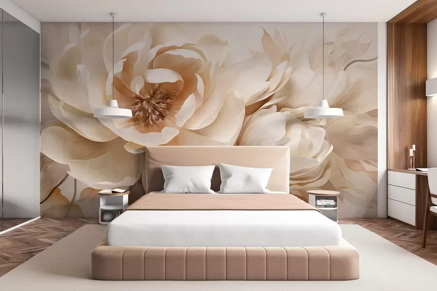 Fototapeta Kremowe piwonie o gładkiej fakturze z brązowymi środkami i liśćmi na rozmytej, jasnej, abstrakcyjnej tle w09554