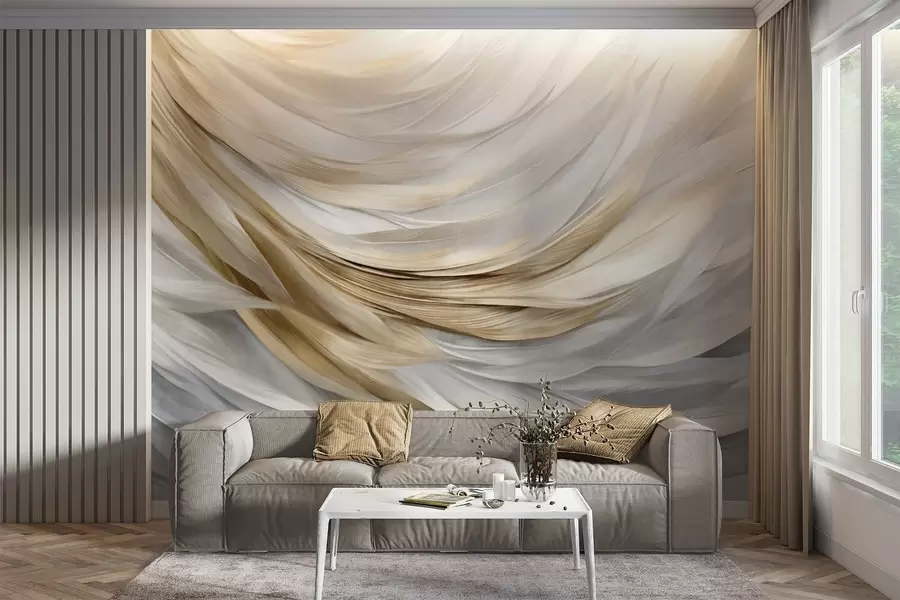 Fototapeta Abstrakcyjne teksturowane białe, szare i żółte pióra, tworzące płynny, warstwowy wzór na jasnym tle w09557