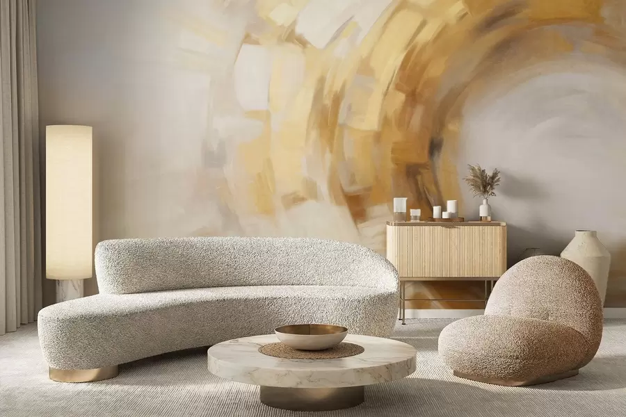 Fototapeta Abstrakcyjna imitacja malarstwa z okrągłymi, teksturowanymi pociągnięciami pędzla w kolorze żółtym i białym, tworząca wrażenie ruchu w09558