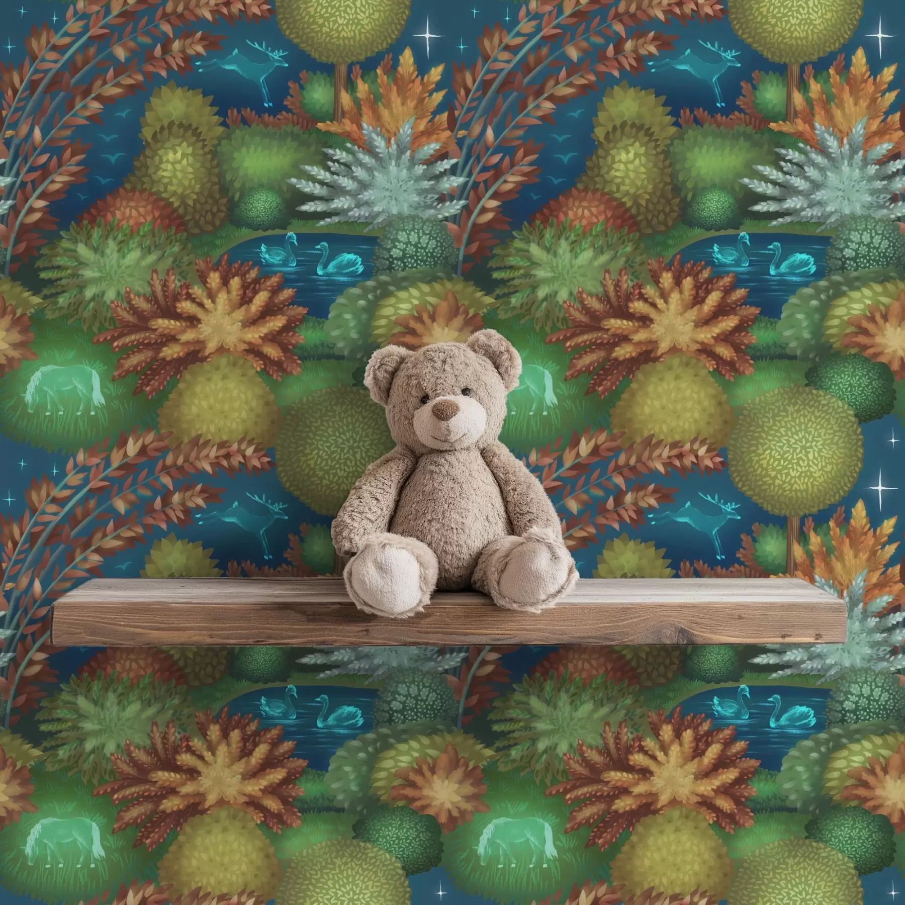 Fototapeta Bajkowy nocny ogród z jeziorem i świecącymi zwierzętami a00851