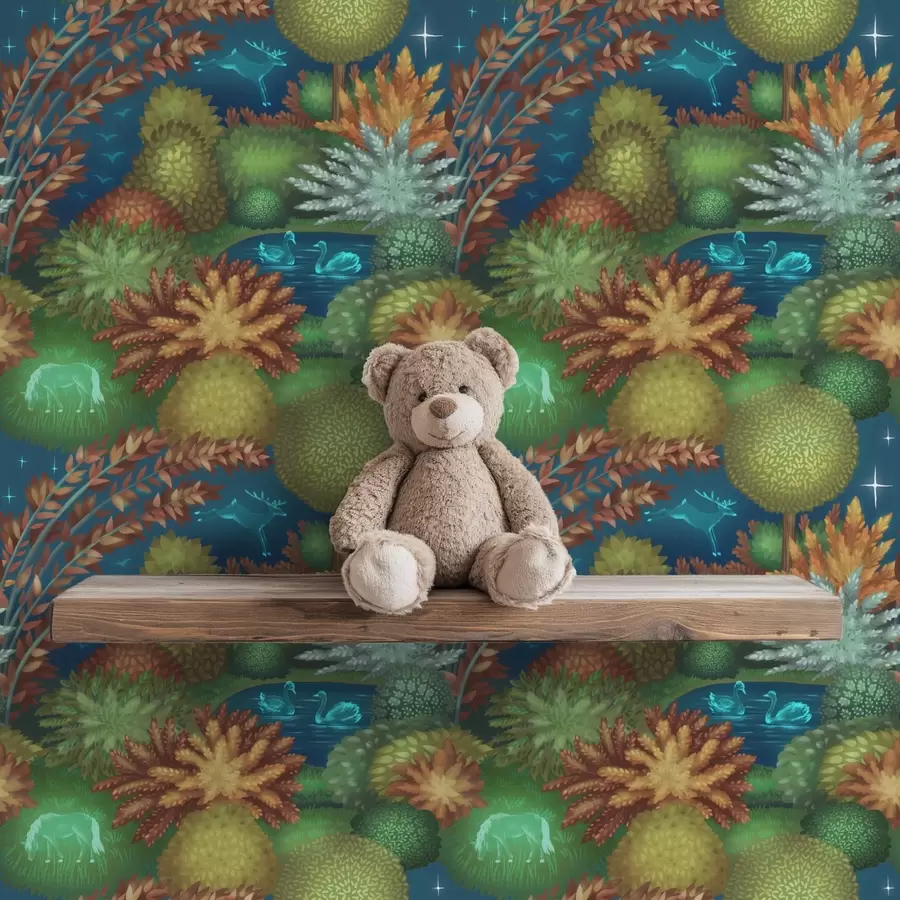 Fototapeta Bajkowy nocny ogród z jeziorem i świecącymi zwierzętami a00851