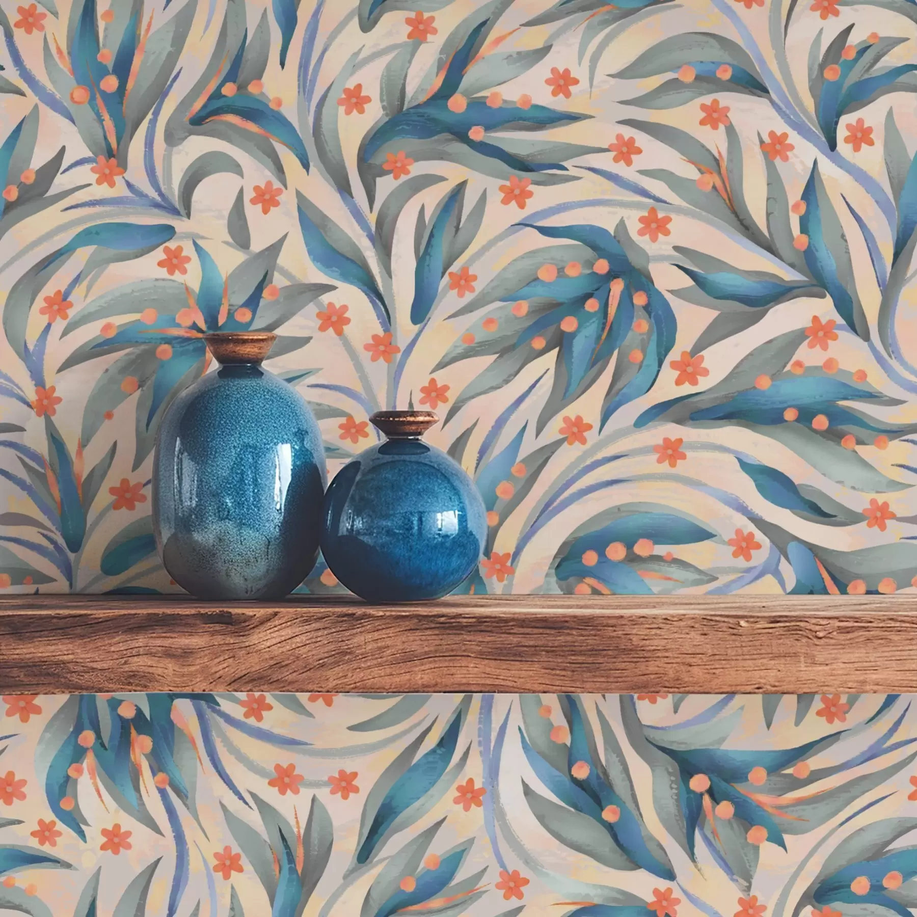 Fototapeta Abstrakcyjne niebieskie liście z koralowymi kwiatami a00852