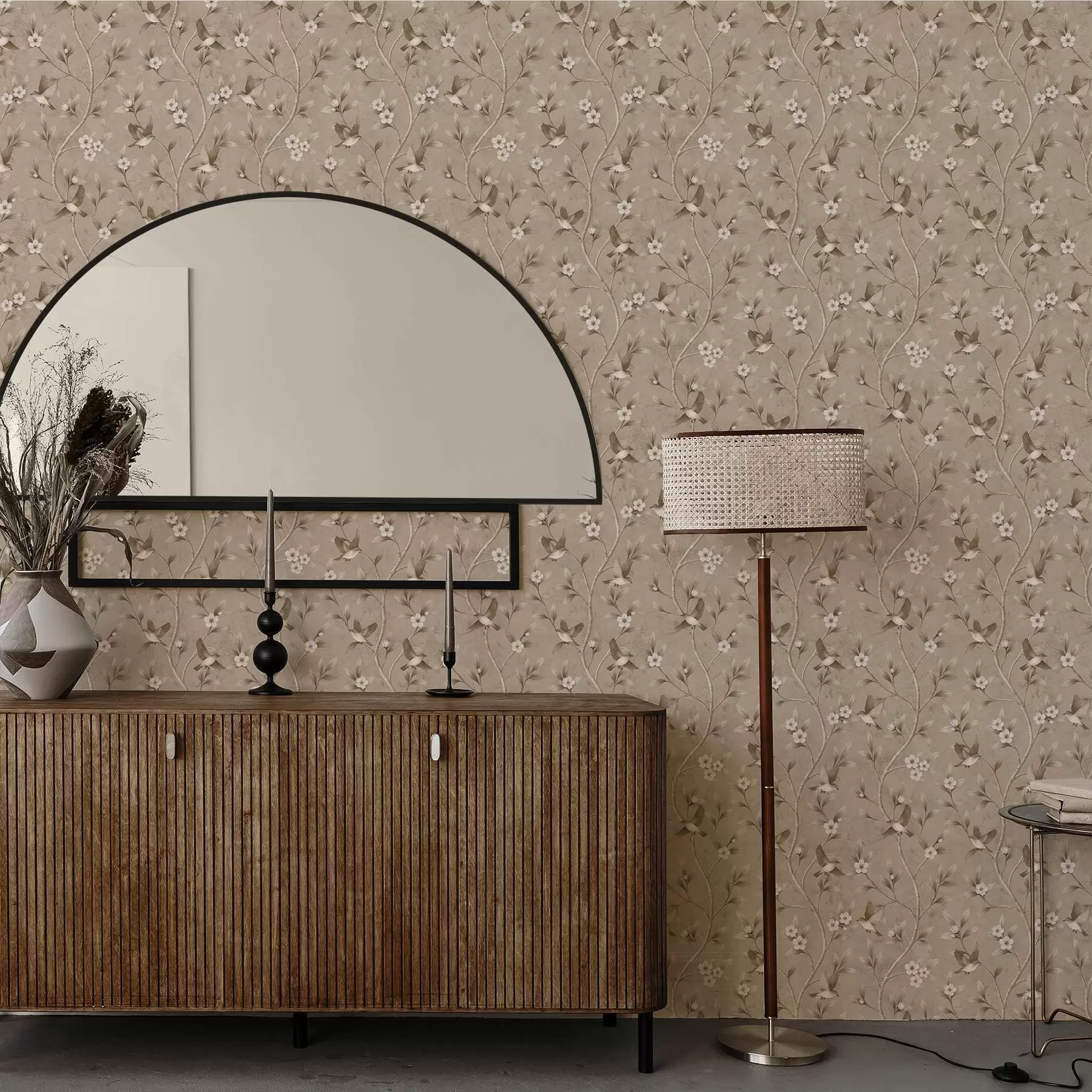 Fototapeta Ptaki i kwitnące gałęzie w ciepłych odcieniach sepii a00882