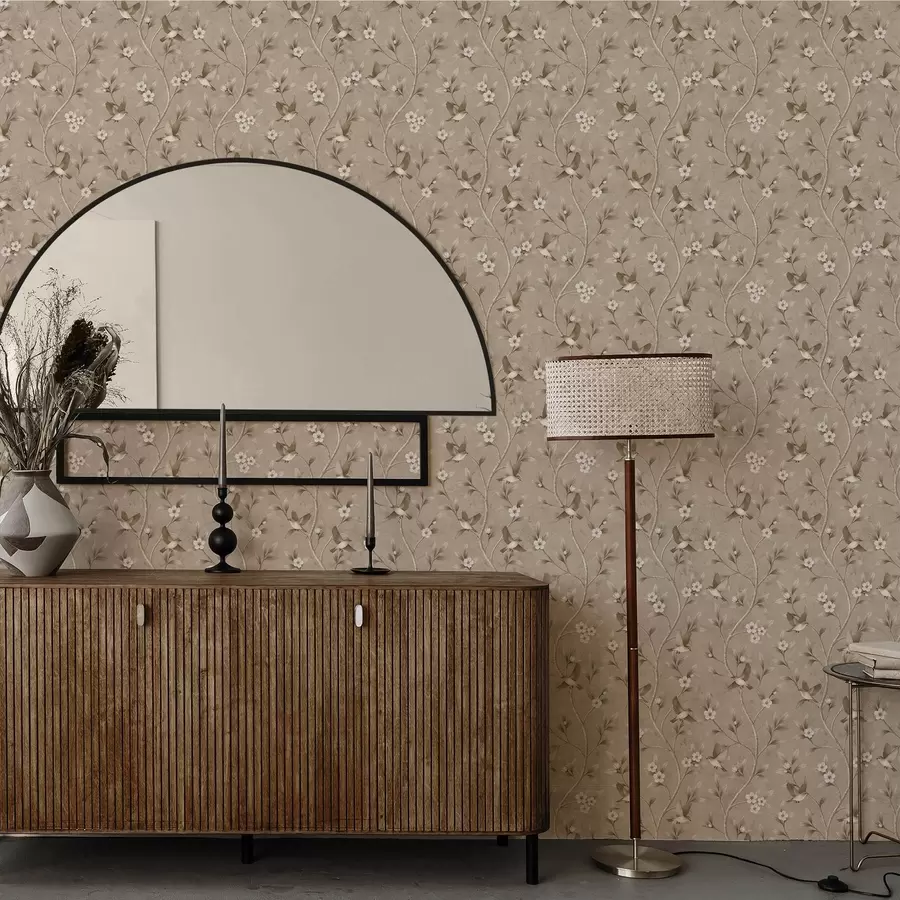 Fototapeta Ptaki i kwitnące gałęzie w ciepłych odcieniach sepii a00882