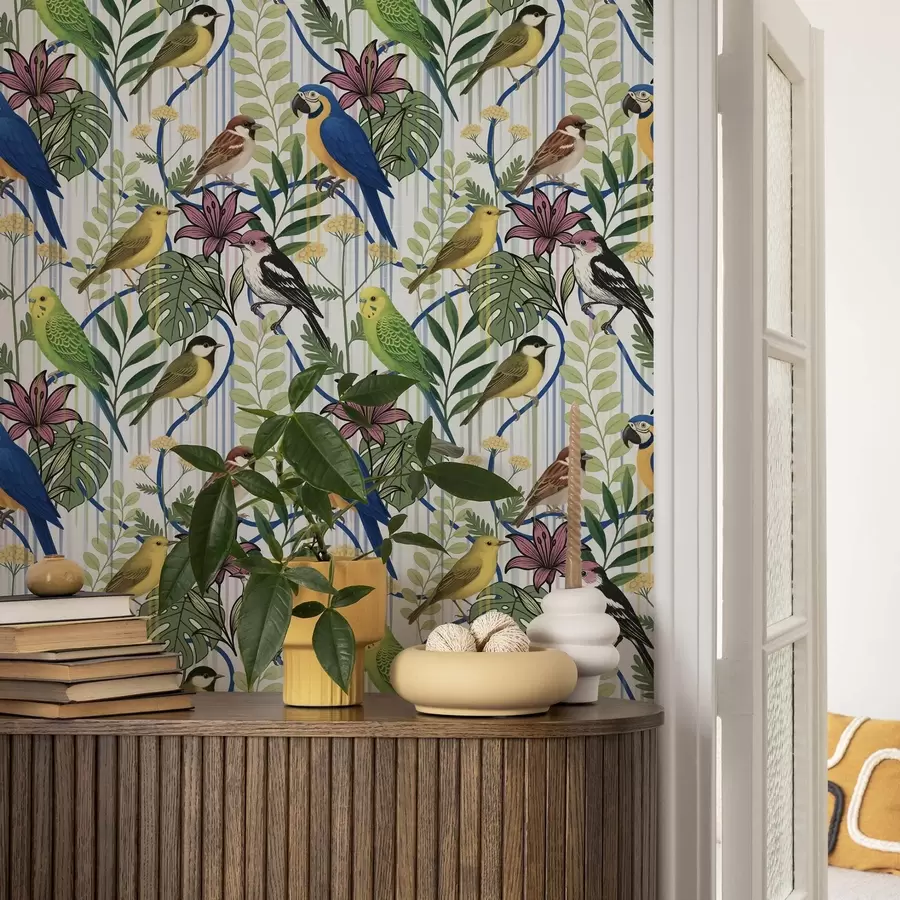 Fototapeta Jasne egzotyczne ptaki wśród tropikalnej zieleni a00887