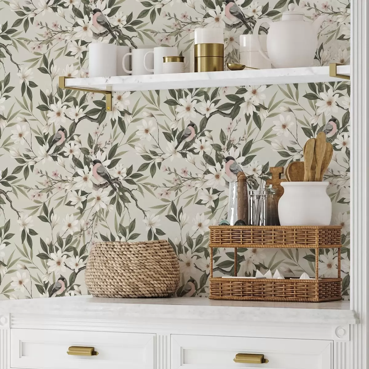 Tapeta Gile z białymi piersiami na gałęziach z kremowymi kwiatami a00889