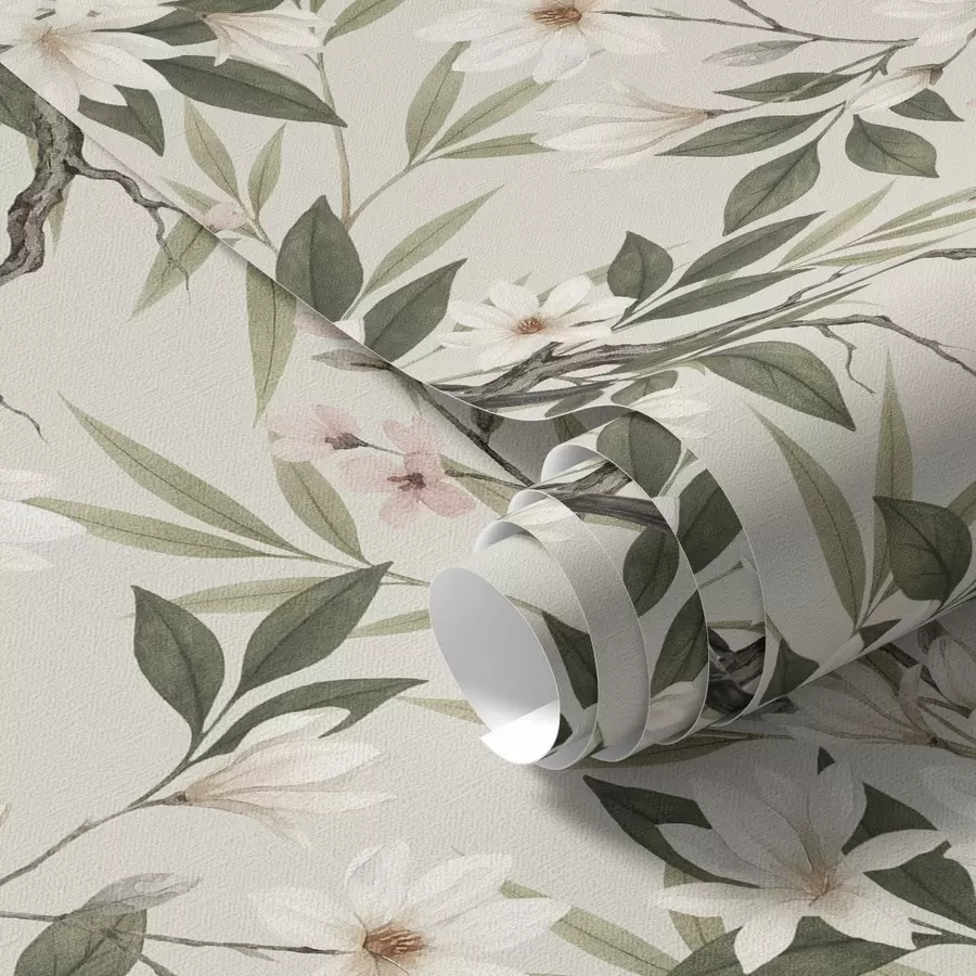 Fototapeta Gile z białymi piersiami na gałęziach z kremowymi kwiatami a00889