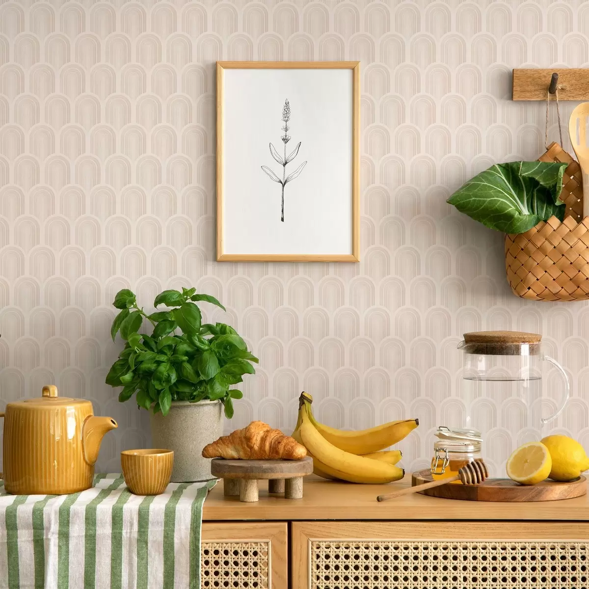 Tapeta Rząd łukowatych kształtów w delikatne beżowe paski, styl retro a00923